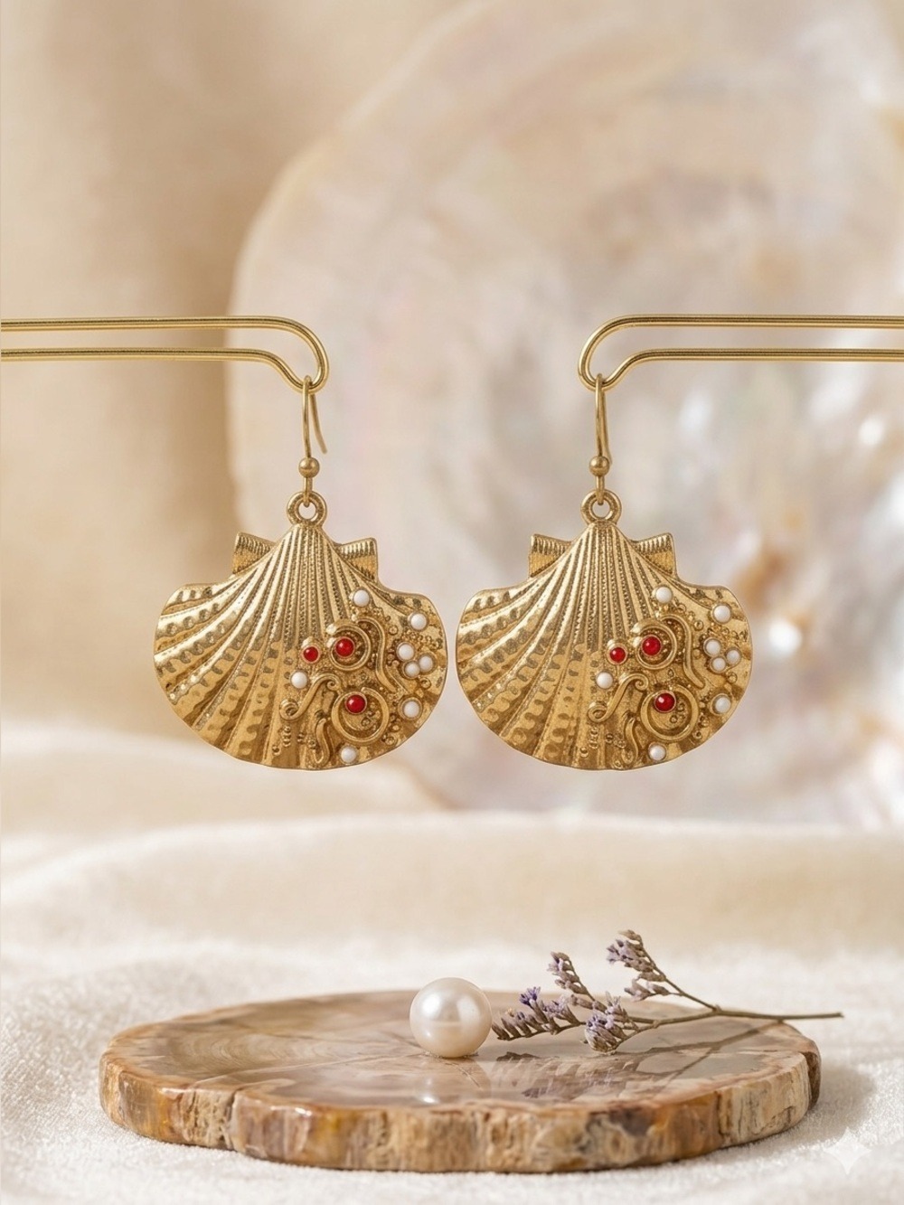 Chico’s Seashell Earrings with Red and White Accents. 2525